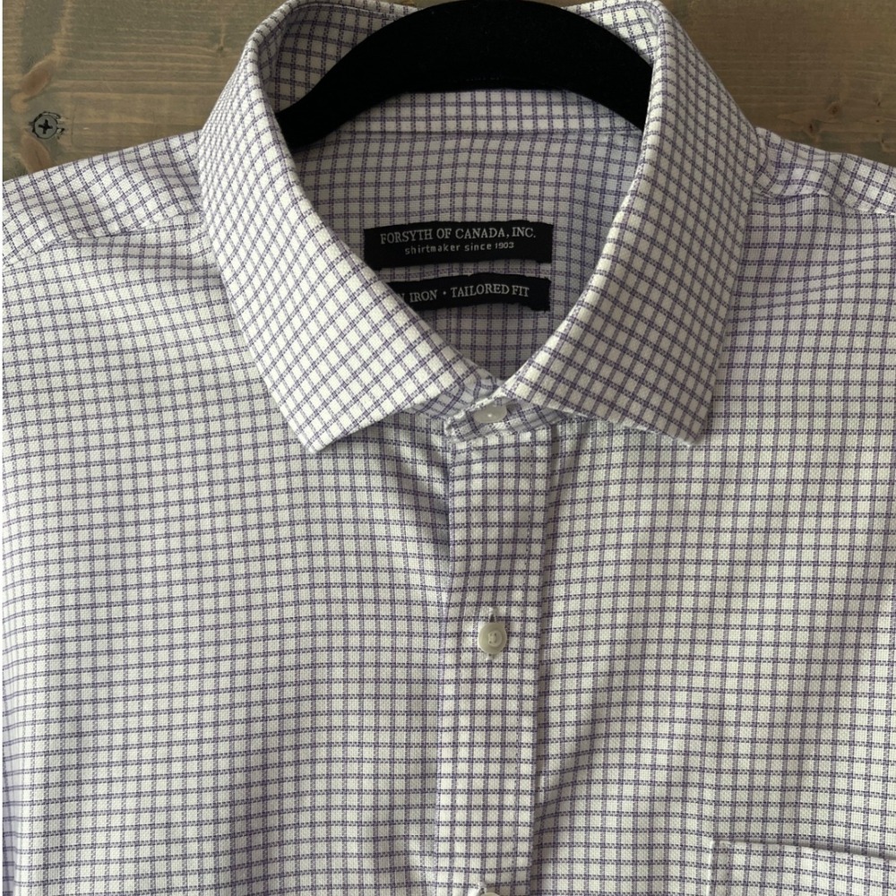 Forsyth of Canada Shirt Men's Size XL Purple White Check Non Iron 2 Ply 100's